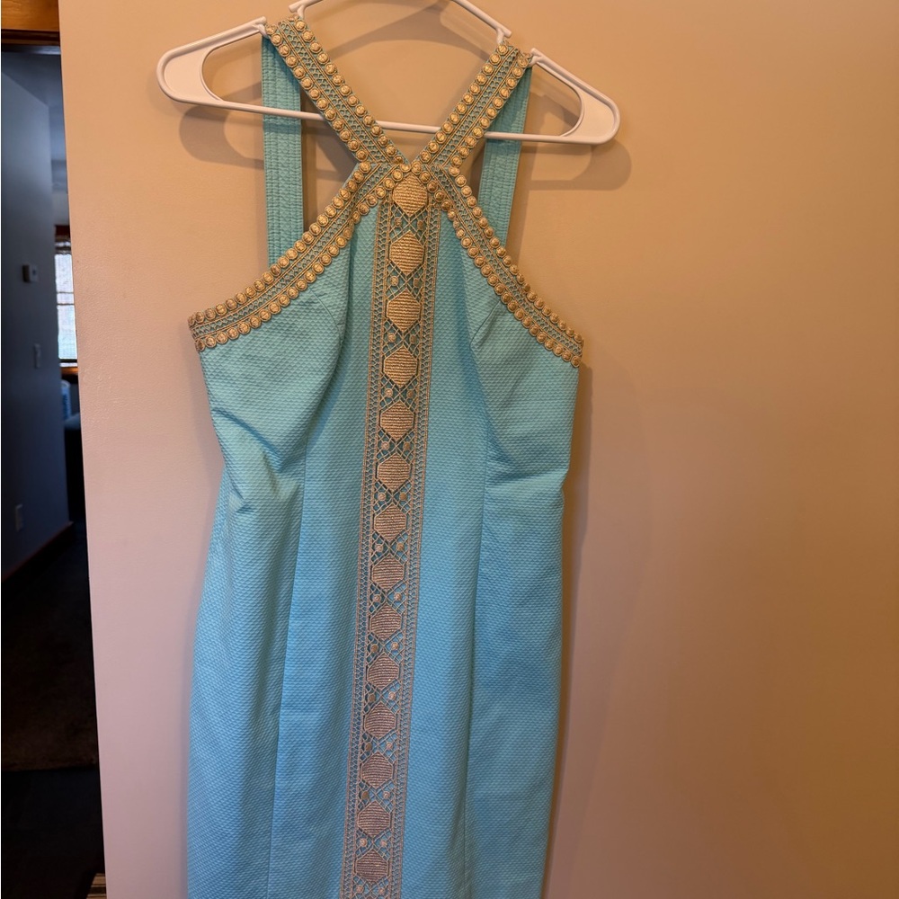 Lilly Pulitzer Light Blue Backless Dress with Gold Accents